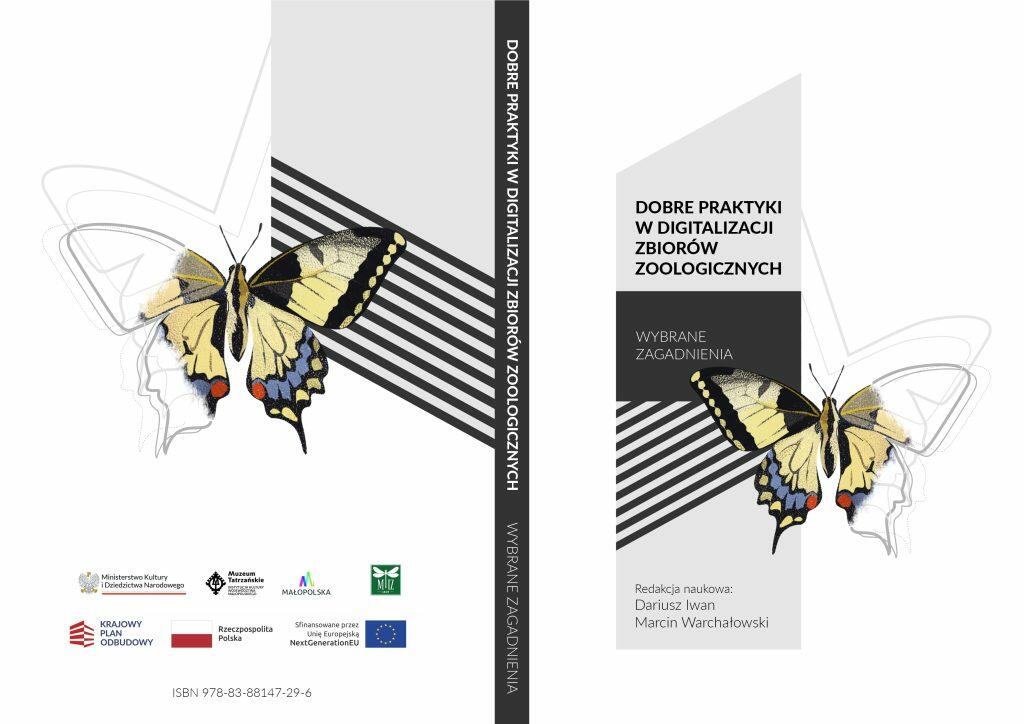 Okładka książki rysunki motyli i napisy „Dobre praktyki w digitalizacji zbiorów zoologicznych – wybrane zagadnienia”