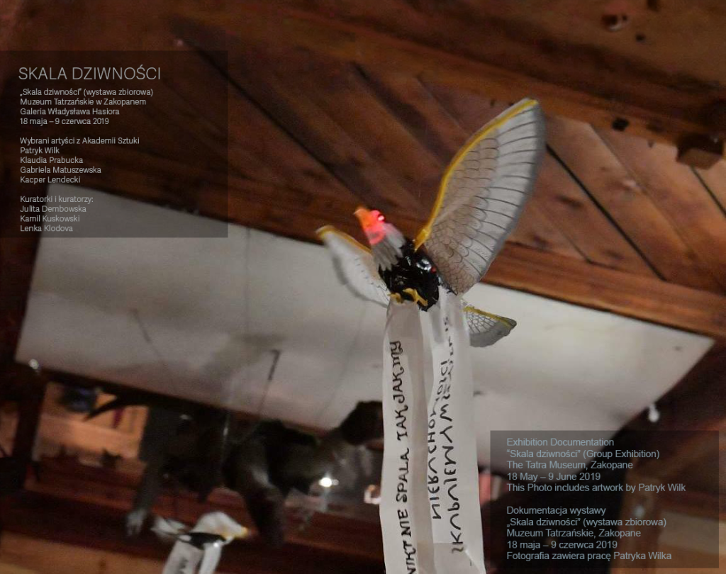 Na zdjęciu obiekt artystyczny w formie ptaka z rozłożonymi skrzydłami prezentowany na wystawie ,,Skala dziwności". Obok widoczne są napisy informacyjne dotyczące wystawy.