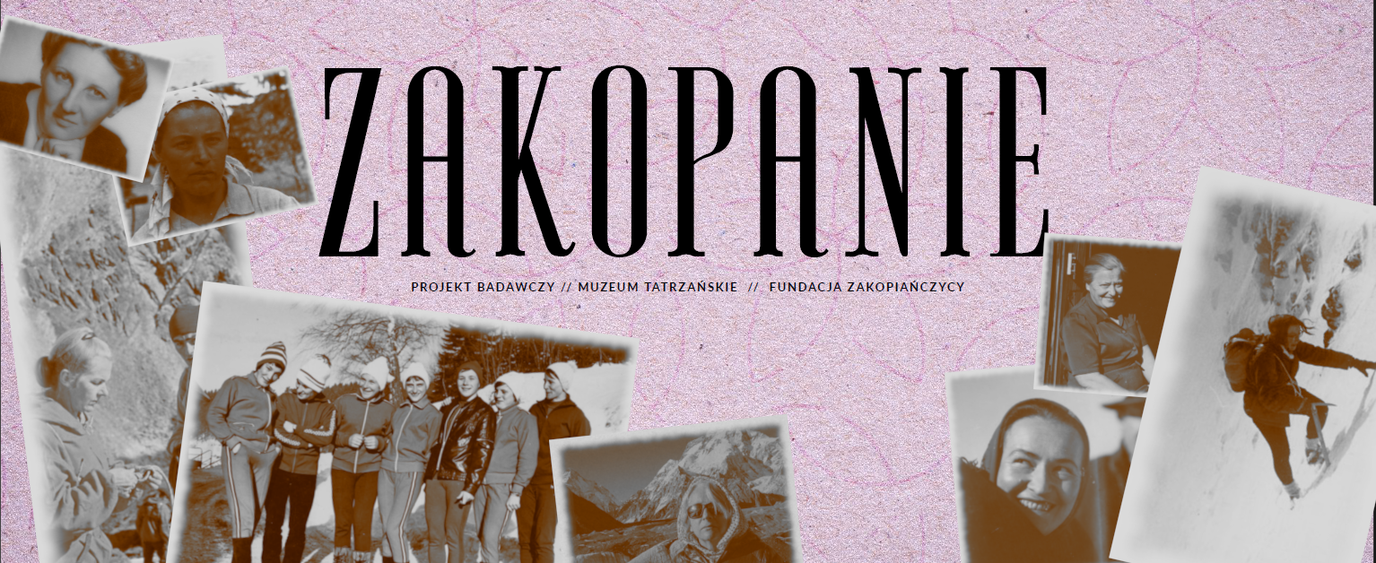 ZakoPanie, projekt badawczy, wystawa wirtualna o Paniach związanych z Zakopanem, zdjęcia rozrzucone na różowym tle