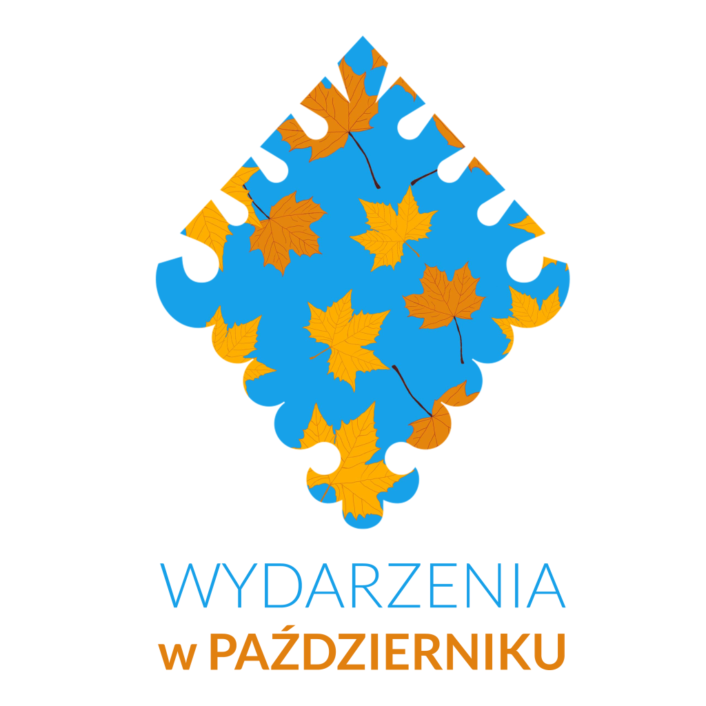 Logo Muzeum Tatrzańskiego - parzenica z jesiennymi pomarańczowymi liśćmi na niebieskim tle oraz napis WYDARZENIA W PAŹDZIERNIKU