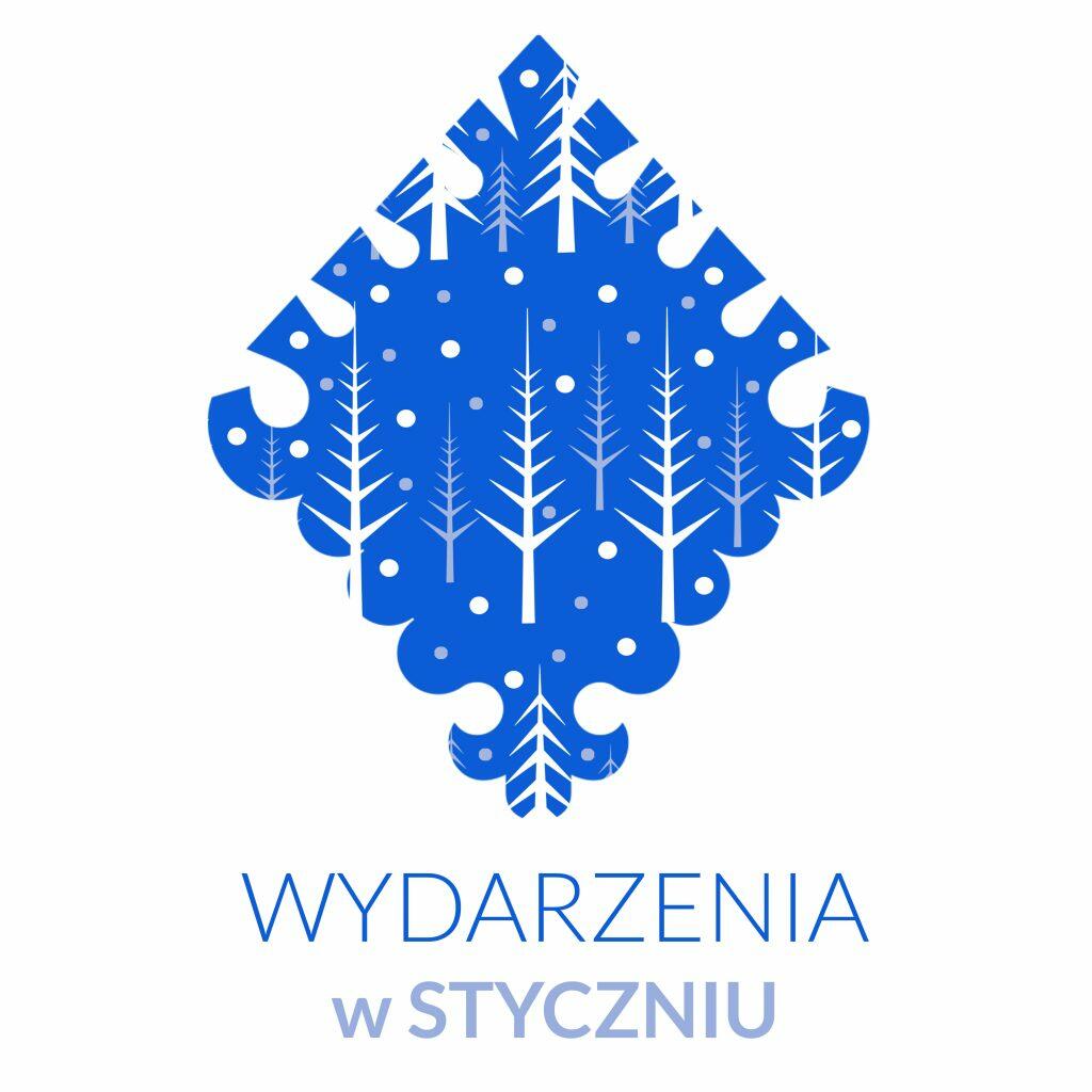 Niebiski rysunek parzenicy z białymi drzewami i napis Wydarzenia w styczniu