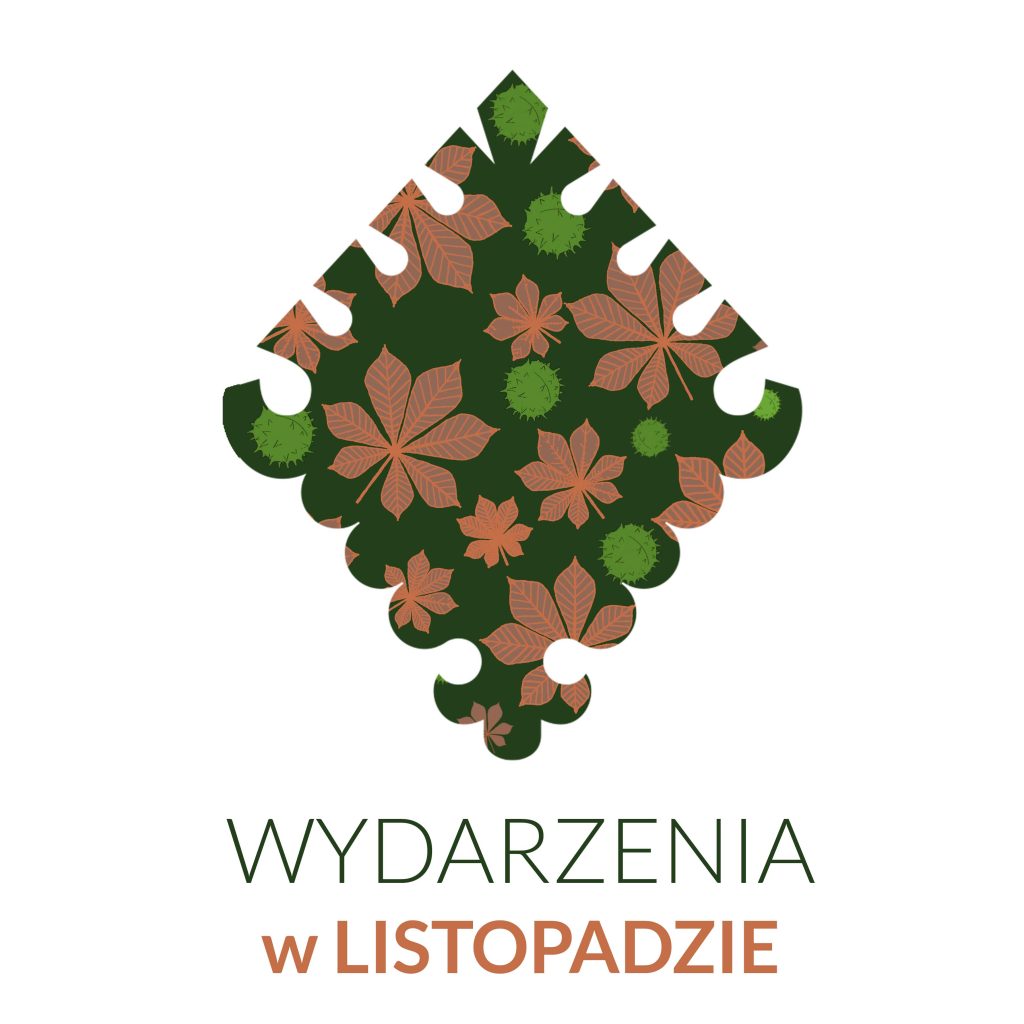 Logo Muzeum Tatrzańskiego - parzenica z jesiennymi liśćmi kasztanowca i kasztanami na zielonym tle oraz napis WYDARZENIA W LISTOPADZIE