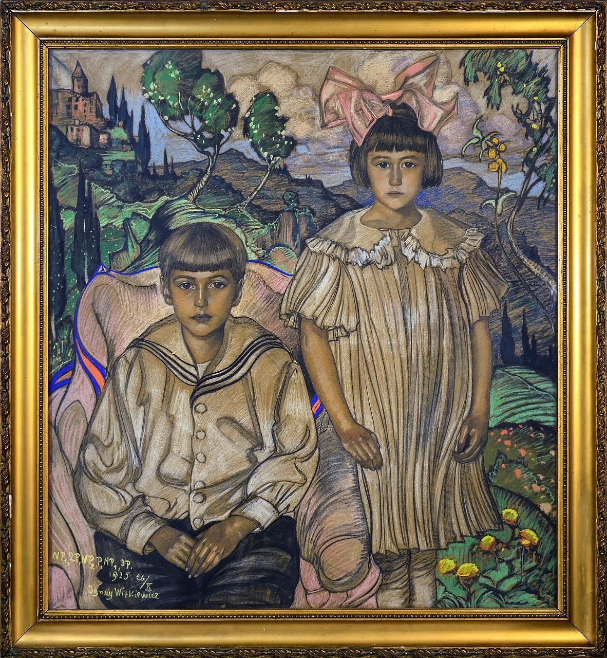 Portret namalowany przez Witkacego przedstawia dwoje dzieci: chłopiec siedzi na fotelu, dziewczynka stoi obok niego. W tle widoczne drzewa i góry.