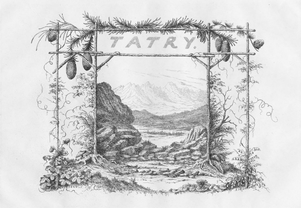 Napis TATRY na tle górskiej grafiki z bramą z szyszkami
