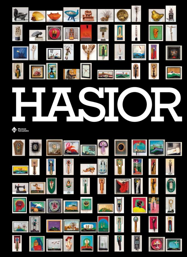 Napis HASIOR, poniżej logotyp Muzeum Tatrzańskiego, w tle wybrane zdjęcia prac