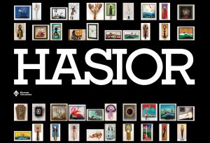 Napis HASIOR, poniżej logotyp Muzeum Tatrzańskiego, w tle wybrane zdjęcia prac