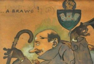 karykatura przedstawia Kornela makuszyńskiego, w tle herb z kartami do gry