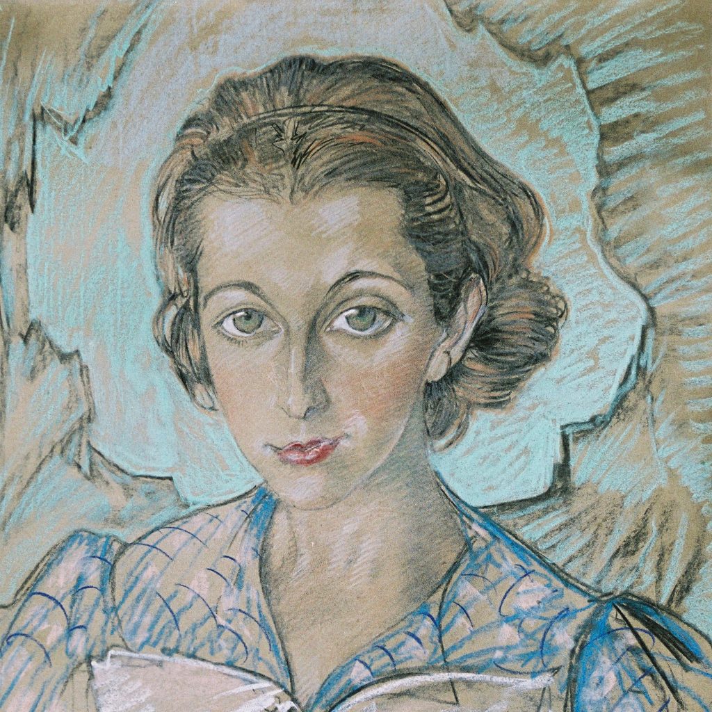 pastelowy portret kobiety w kolorach błękitu i beżu