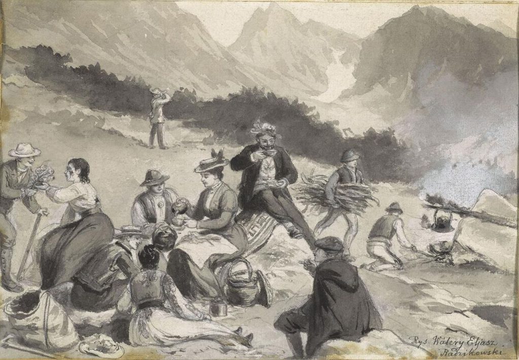 Rysunek przedstawia grupę osób - gorali i turystów - na postoju w czasie gorskiej wycieczki