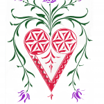 Grafika czerwone serce góralskie z ozdobymi kwiatkami na białym tle i logo Muzeum Tatrzańskie