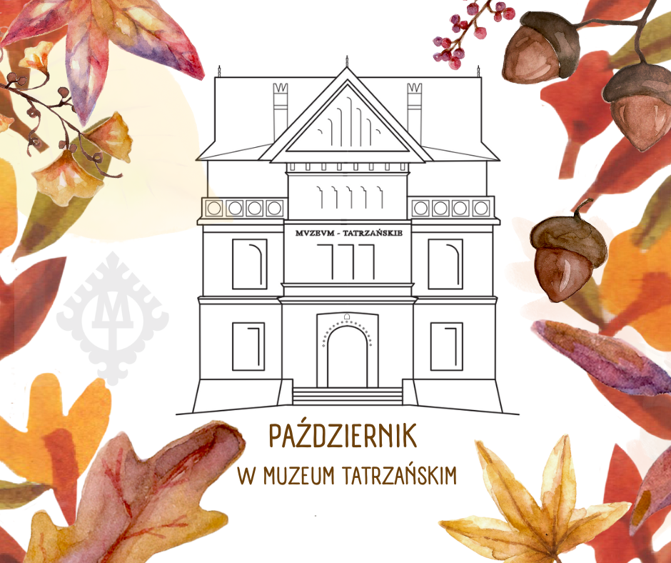 Październik w muzeum tatrzańskim ikona gmachu głównego i jesienne liście