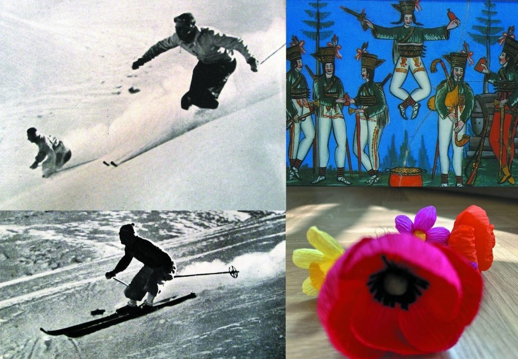 KOLAŻ narciarze na czarnobiałych fotografiach, kwiaty z bibuły, zbójnicy namalowani na szkle