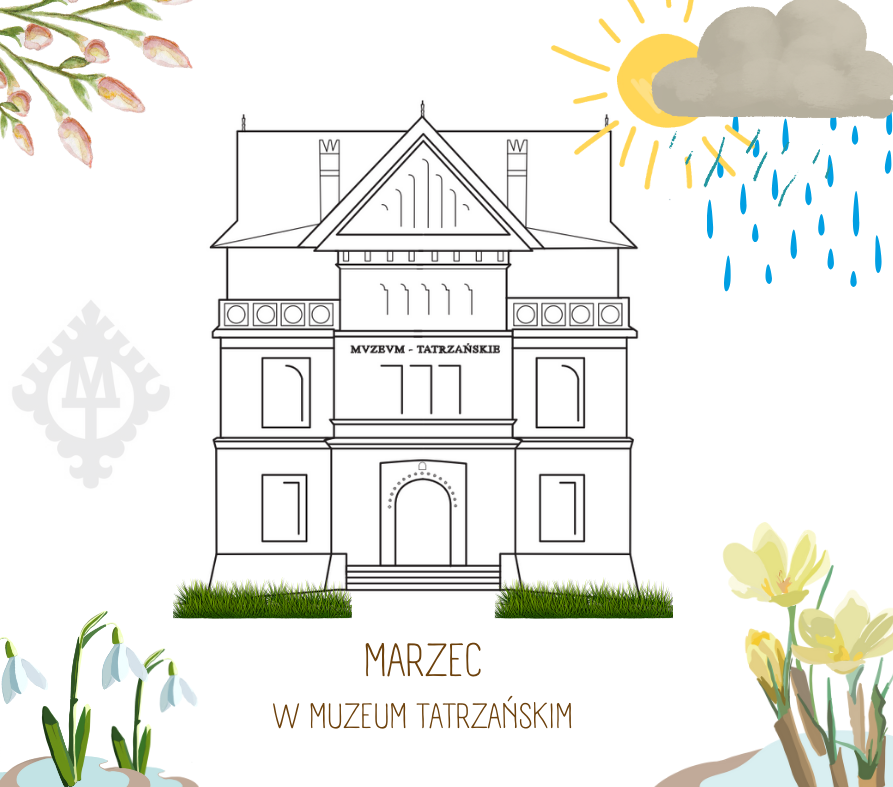 Marzec w Muzeum Tatrzańskim IKONA GMACHU GŁÓWNEGO obok pączki kwiatów, słońce i chmura z deszczem, na dole trawa przebiśniegi i żółte krokusy - rysunek