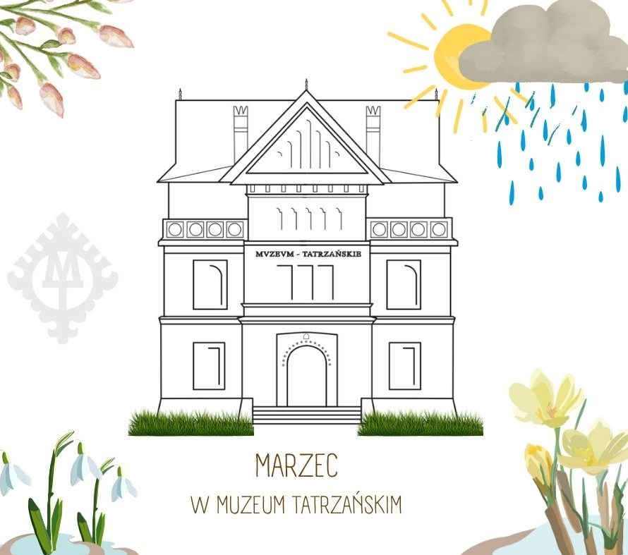Marzec w Muzeum Tatrzańskim IKONA GMACHU GŁÓWNEGO obok pączki kwiatów, słońce i chmura z deszczem, na dole trawa przebiśniegi i żółte krokusy - rysunek