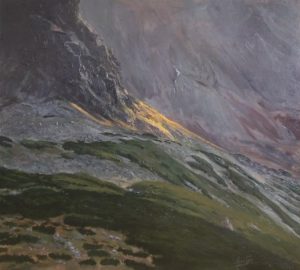 Obraz gór, autor: Bartek Leszczyna, „Ostatnie promienie w Dolinie Roztoki”, 2018, zbiory Muzeum Tatrzańskiego w Zakopanem