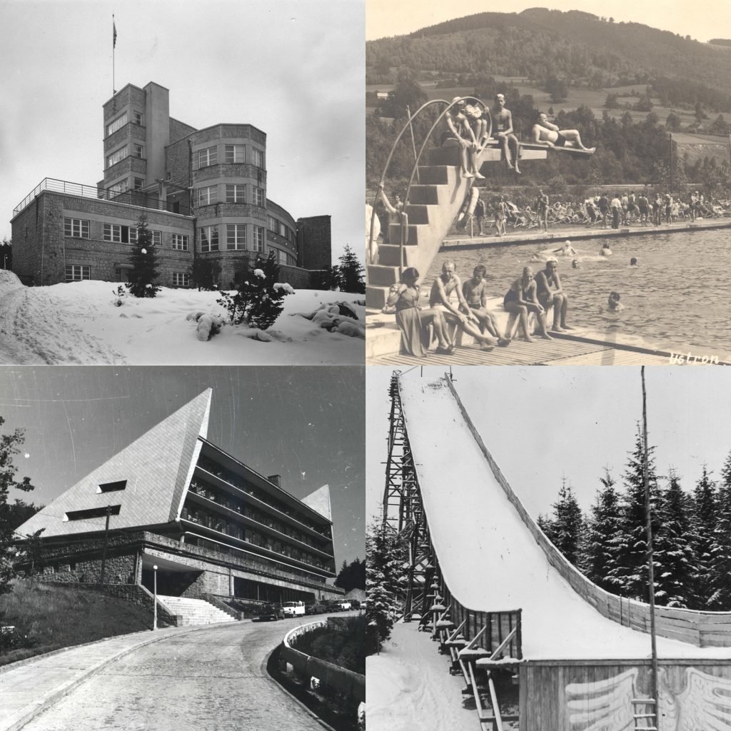 Fotografie: Wisła, zamek prezydenta RP, Narodowe Archiwum Cyfrowe Ustroń, park kąpielowy, karta pocztowa, ok. 1940, zbiory prywatne Bielsko-Biała Mikuszowice, Dom Wypoczynkowy Transportowiec, zbiory prywatne Krynica, skocznia narciarska, Narodowe Archiwum Cyfrowe