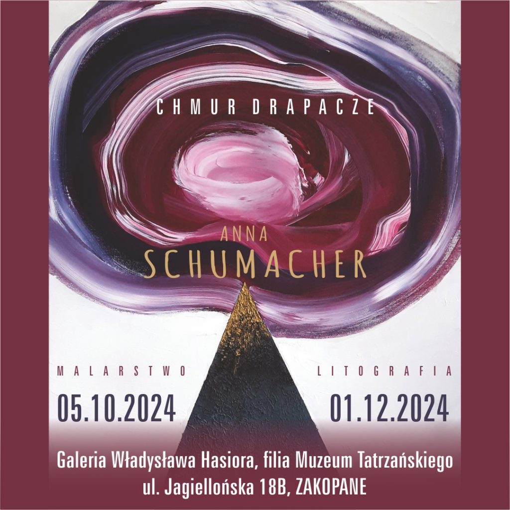 „Chmur Drapacze. Anna Schumacher Malarstwo. Litografia”, 5.10.2024 - 01.12.2024 Galeria Władysława Hasiora, ul. Jagiellońskiej 18 b, ZAKOPANE Abstrakcyjna góra i nad nią fioletowa chmura - obraz