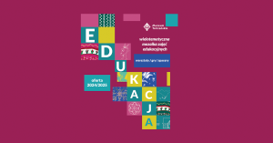 Edukacja jesień/zima 2024, warsztaty, gry, lekcje, spacery edukacyjne Edukacyjne w Muzeum Tatrzańskim, kolorowe kwadraty z wzorkami na malinowym tle, logo Muzeum Tatrzańskiego i napis jesień zima 2024 oferta zajęć warsztaty gry, lekcje, spacery edukacyjne