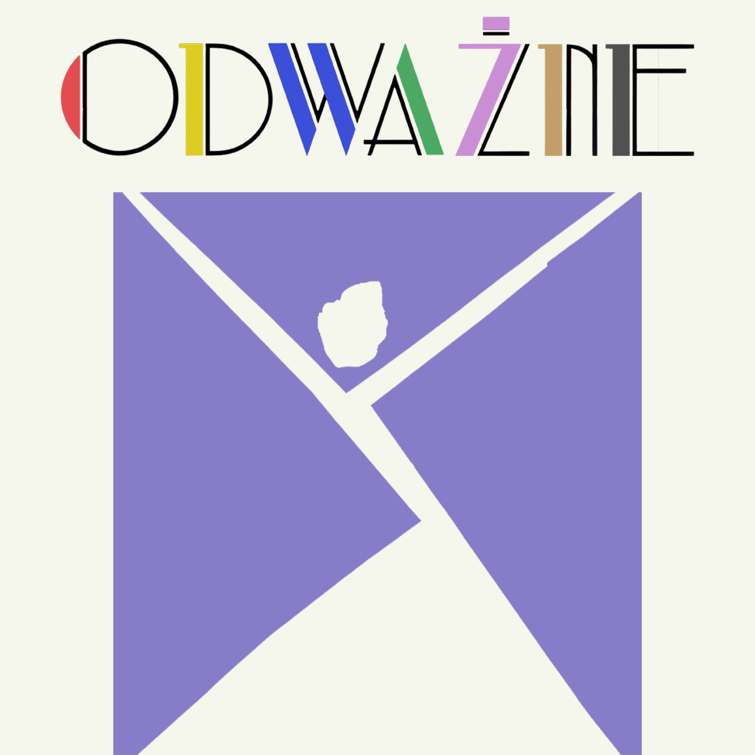 Odważne Plakat promujący wystawę czasową ,,Odważne" z kolorowymi literami tytułu oraz grafiką przedstawiającą kobietę utworzoną z figur geometrycznych na fioletowym tle.