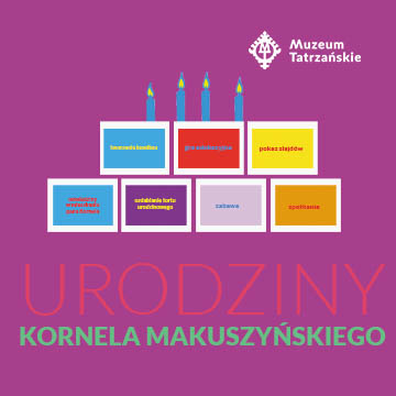 Tort składający się z prostokątów z napisami: tworzenie komiksu, gra edukacyjna, pokaz slajdów, odwiedziny w mieszkaniu pana Kornela, ozdabianie tortu urodzinowego, zabawa, spotkanie