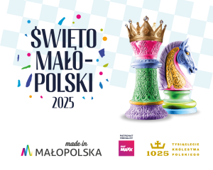 Zdjęcie kolorowych pionków szachowych obok napis: Święto Małopolski 2025 - na dole logotypy