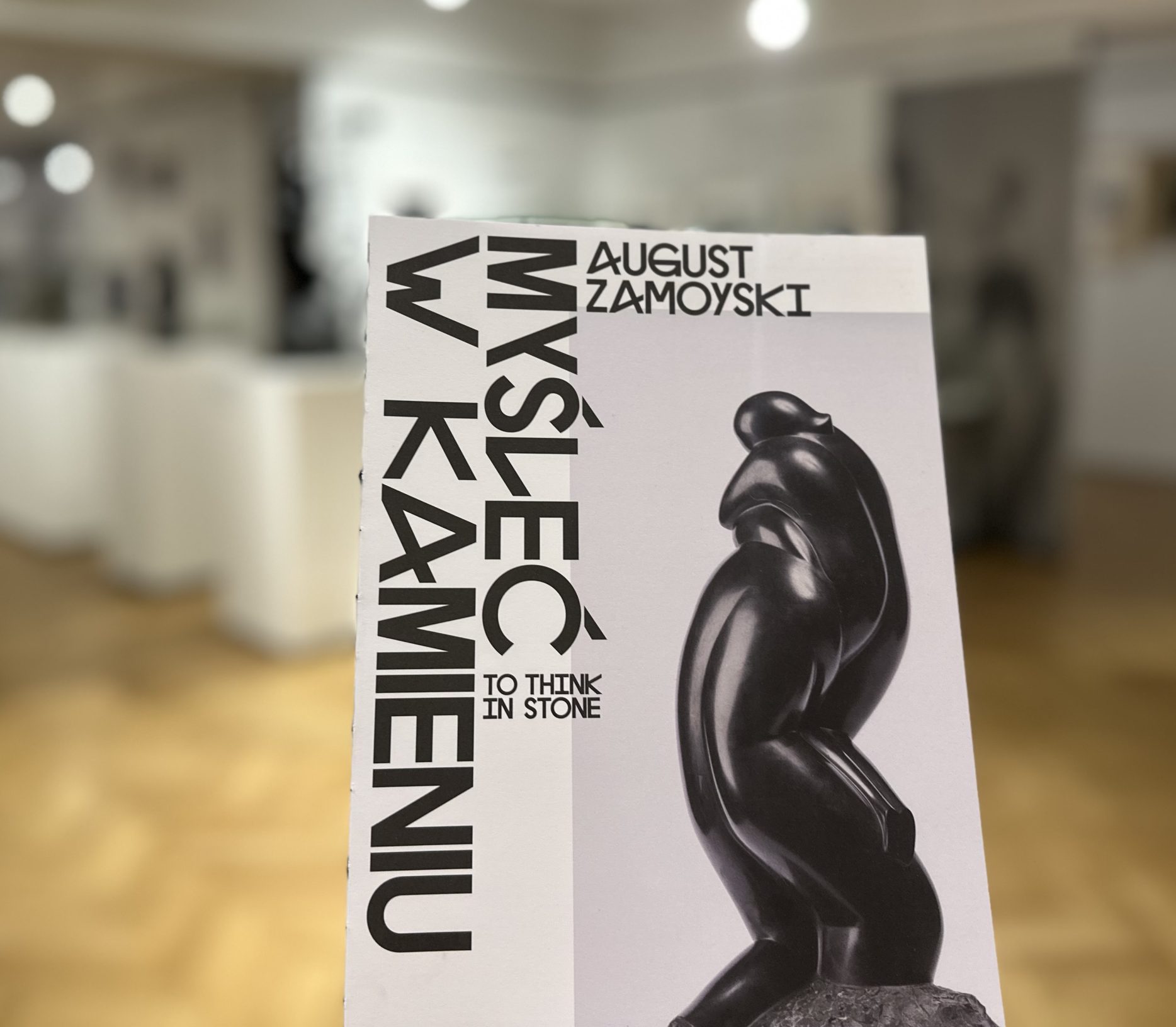 Okładka książki na tle wystawy August Zamoyski. Myśleć w kamieniu August Zamoyski. To Think in Stone