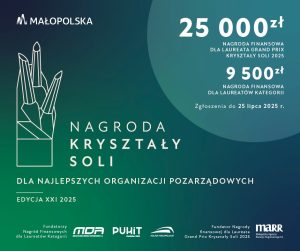 Seledynowa grafika z konturem kryształów soli i białymi napisami Nagroda Kryształy Soli dla najlepszych organizacji pozarządowych edycja na rok 2025 Logo Małopolski, 25 00 zł na dole logotypy
