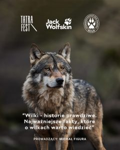Zdjęcie wilka, logotyp Tatra fest, Jack Wolfskin i napis "Wilki - historie prawdziwe, najważniejsze fakty, które o wilkach warto wiedzieć" PROWADZĄCY: Michał Figura