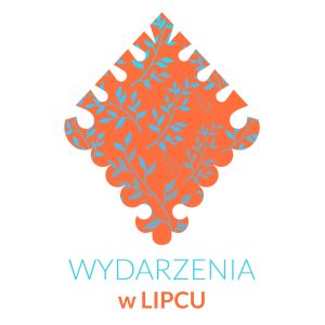 Rysunek parzenicy, a w niej na niebieskie niezapominajki gałązki na pomarańczowym tle, pod nią podpis WYDARZENIA W LIPCU