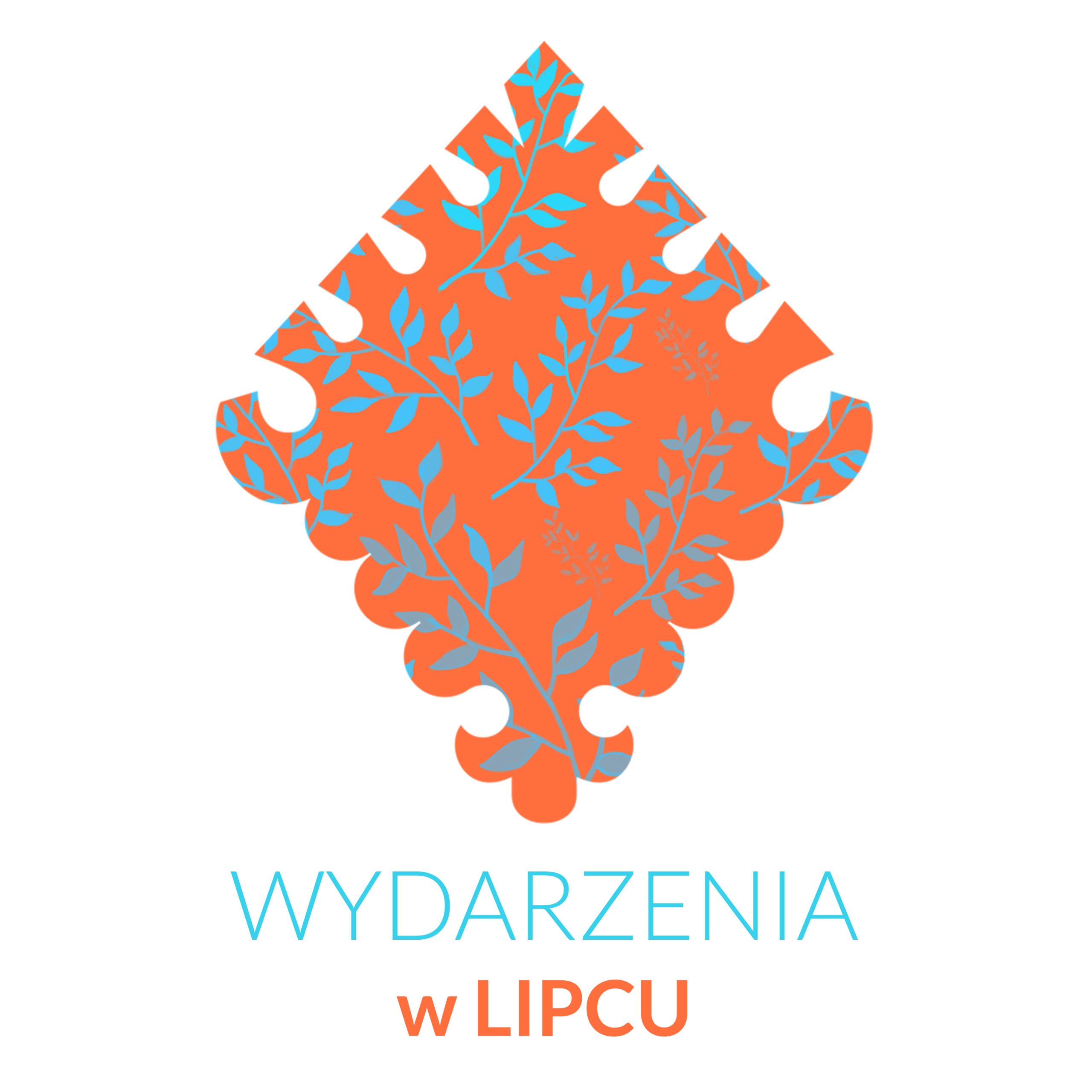 Rysunek parzenicy, a w niej na niebieskie niezapominajki gałązki na pomarańczowym tle, pod nią podpis WYDARZENIA W LIPCU