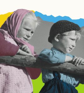 Czarno-białe zdjęcie chłopca w czapeczce i dziewczynki w chusteczce na kolorowym tle