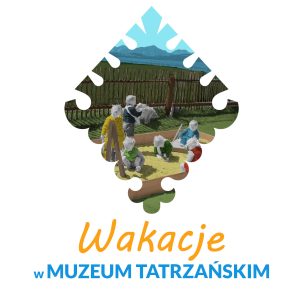 Pokolorowane zdjęcie siódemki bawiących się w piaskownicy dzieci, w tle drewniany płot i góry. Wszystko w konturze parzenicy i żółto niebieski napis WAKACYJNE WARSZTATY W MUZEUM TATRZAŃSKIM