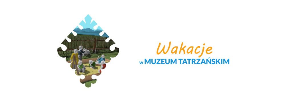 Pokolorowane zdjęcie siódemki bawiących się w piaskownicy dzieci, w tle drewniany płot i góry. Wszystko w konturze parzenicy i żółto niebieski napis WAKACYJNE WARSZTATY W MUZEUM TATRZAŃSKIM