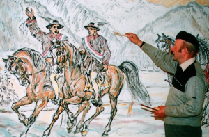 Zdjęcie: Autor na tle malarstwa ściennego w „Zajeździe Furmańskim” w Zakopanem, 2001, fot. J. Kosiuczenko