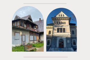 Funduszowy maj, na zdjęciu dwa budynki Muzeum Tatrzańskiego, budynek Muzeum Taternictwa i Narciarstwa przed remontem oraz budynek Gmachu Głównego, wejście, po remoncie.