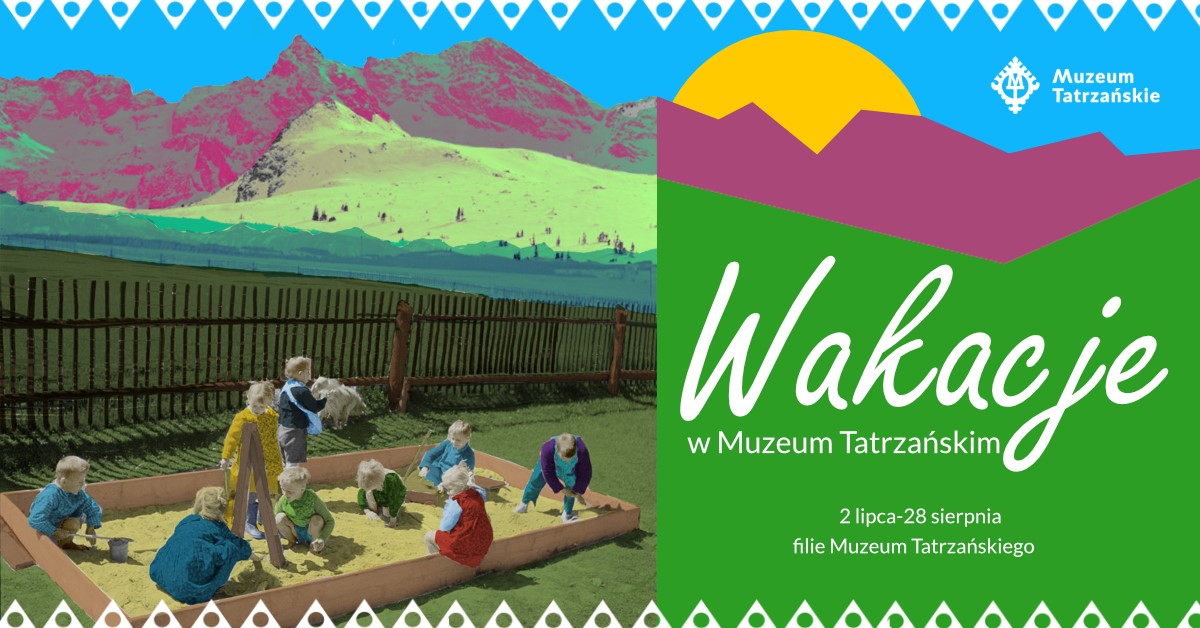 Plakat przedstawia dzieci bawiące się w piaskownicy. W tle widok na Tatry